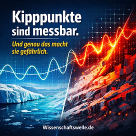 Quadratisches Titelbild mit geteiltem Motiv: links ein ruhiger, blauer Gletscher mit gleichmäßiger Wellenlinie als Symbol für Stabilität, rechts ein rötlich-orange, fragmentierter Gletscherhang mit stark ausschlagender Kurve für Instabilität. Darüber der Text ‚Kipppunkte sind messbar. Und genau das macht sie gefährlich.‘ Unten der Hinweis ‚Wissenschaftswelle.de‘.