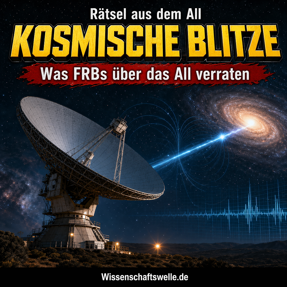 Ein Radioteleskop empfängt einen blauen Radioblitz vor einer Spiralgalaxie.