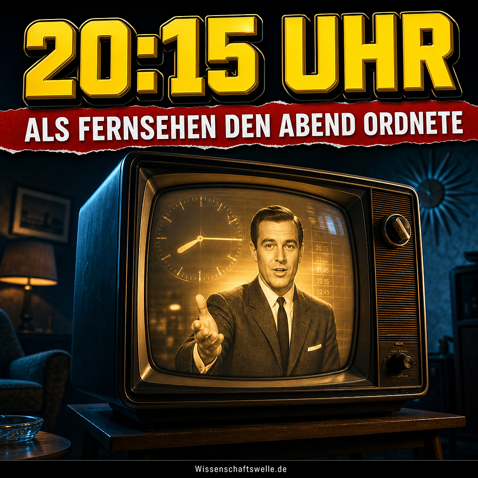 Alter Röhrenfernseher in einem dunklen Wohnzimmer; auf dem leuchtenden Bildschirm begrüßt ein Fernsehansager das Publikum, darüber die große Headline „20:15 Uhr“.