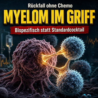Wissenschaftswelle-Cover mit einer großen dunklen Myelomzelle im Knochenmark, an die zwei leuchtende Immunzellen über goldene Verbindungsstränge andocken.
