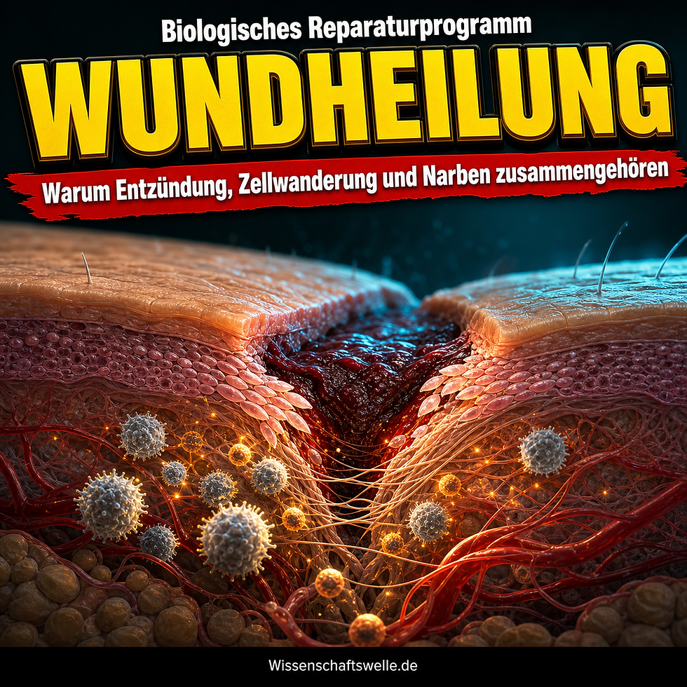 Dramatischer Querschnitt durch verletzte Haut, in der Blutgerinnsel, Immunzellen und neu entstehendes Gewebe eine Wunde von innen schließen.