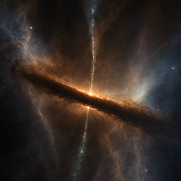 Fotorealistische Darstellung eines T-Tauri-Sterns mit leuchtender Akkretionsscheibe, schmalen Jets und staubiger Reflexionsnebel-Umgebung.