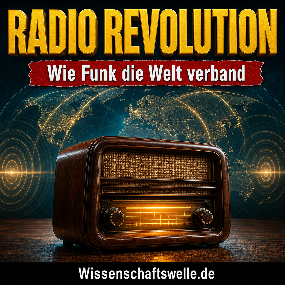 Quadratisches Cover mit einem leuchtenden Vintage-Radio vor einer stilisierten Weltkarte, gelber Überschrift „RADIO REVOLUTION“, rotem Banner „Wie Funk die Welt verband“ und schwarzem Footer mit Wissenschaftswelle.de.