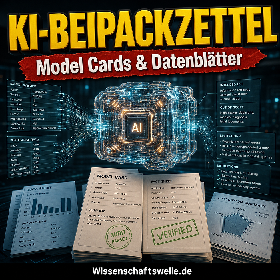 Ein futuristisches Akten- und Interface-Motiv mit leuchtender KI-Silhouette, transparenten Datenkarten, Prüfmarken und gelber 3D-Headline über Dokumentation und Transparenz bei KI.