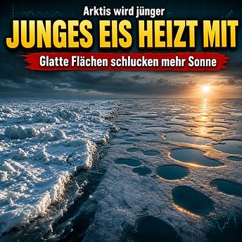 Wissenschaftswelle-Cover mit rauem altem und glattem jungem Arktiseis, in dem dunkle Schmelztümpel zusätzliche Sonnenenergie aufnehmen.