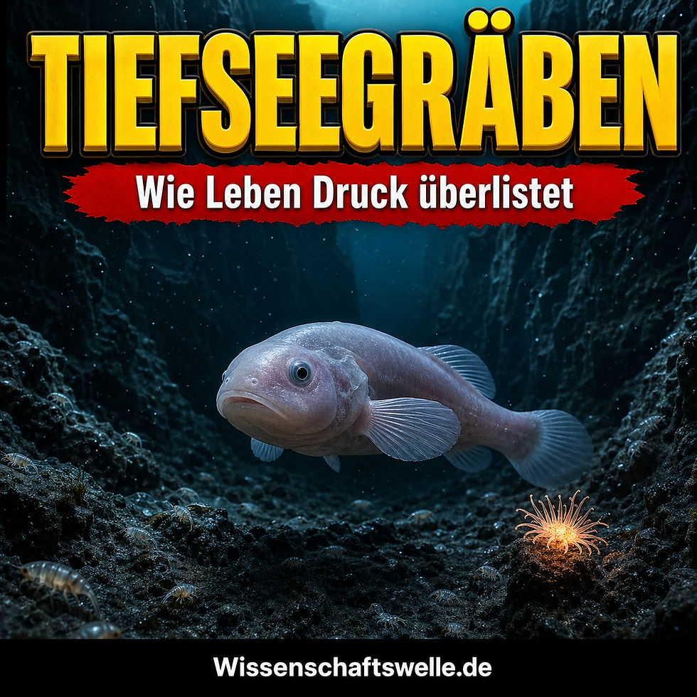 Ein blasser hadaler Schneckenfisch schwebt durch einen dunklen Tiefseegraben, darüber die Titelzeile 'Tiefseegräben' und der Untertitel 'Wie Leben Druck überlistet'.