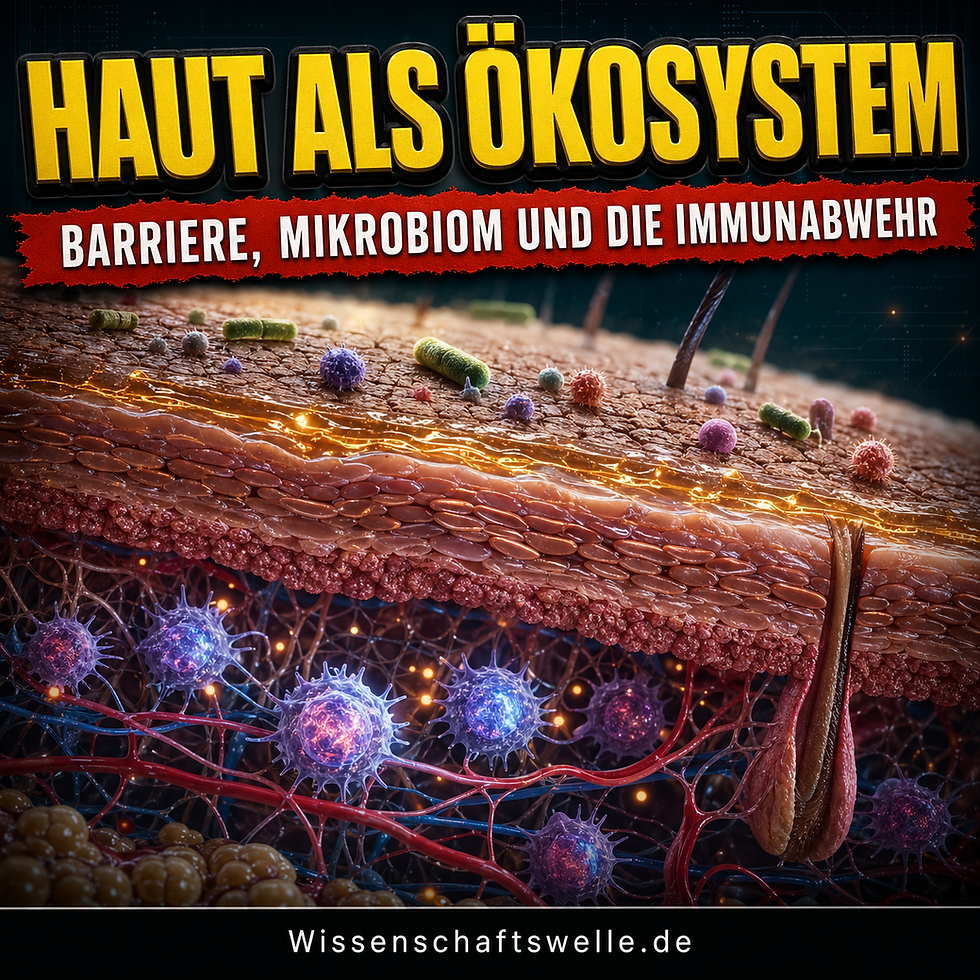 Querschnitt menschlicher Haut mit sichtbarer Barriere, Mikroben auf der Oberfläche und leuchtenden Immunzellen darunter im Stil eines Wissenschaftsmagazin-Covers.