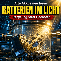 Wissenschaftswelle-Cover mit einem sonnenbeschienenen Glasreaktor, in dem dunkle Batterie-Kathodenfragmente in einer blasenreichen Recyclinglösung aufgelöst werden.