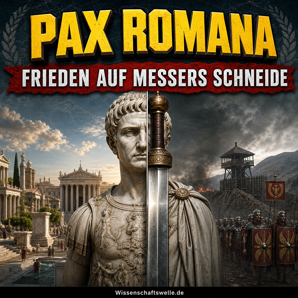 Ein geteiltes Motiv mit Augustusstatue und Schwert zwischen sonnigem Forum und dunkler Grenzbefestigung als Symbol für die militärisch erzwungene Ordnung der Pax Romana
