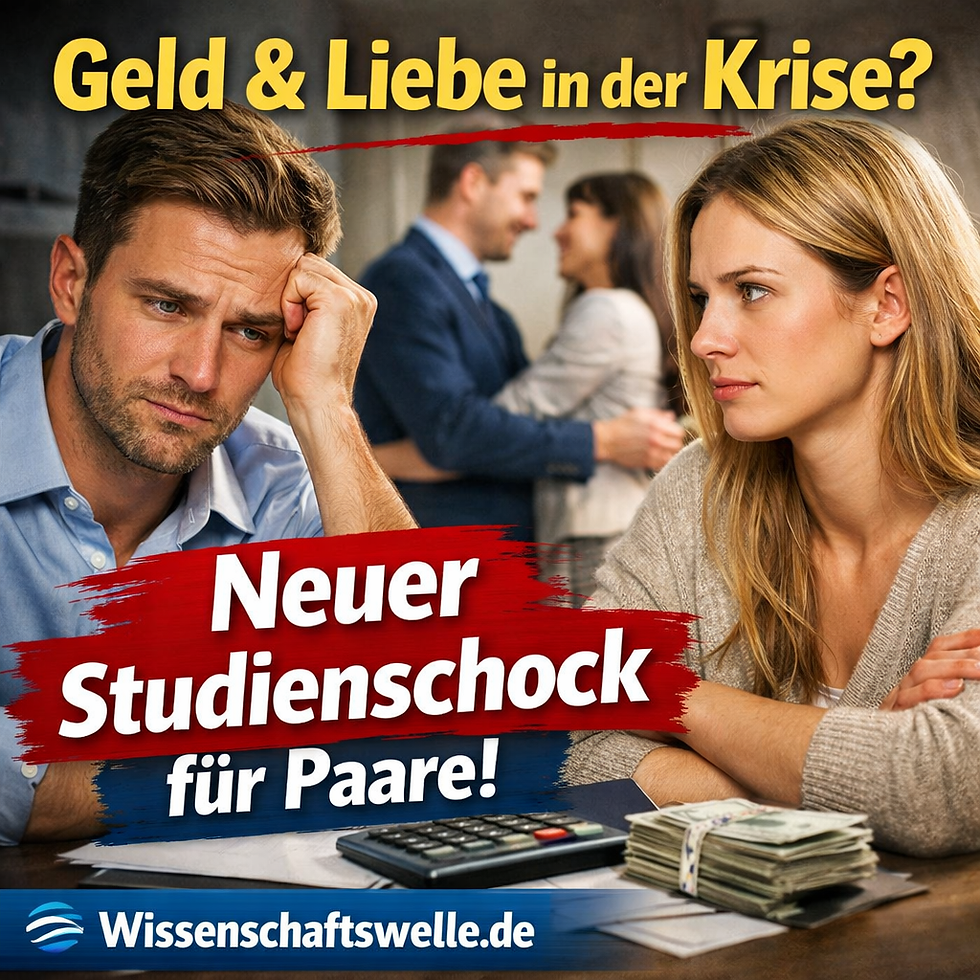 Ein angespannt wirkendes Paar sitzt sich an einem Tisch mit Geldscheinen und Taschenrechner gegenüber, der Mann stützt nachdenklich den Kopf, die Frau blickt ernst zur Seite. Im Hintergrund ist unscharf ein harmonisches Paar zu sehen. Auf dem Bild steht der Text „Geld & Liebe in der Krise? Neuer Studienschock für Paare!“ sowie der Hinweis „Wissenschaftswelle.de“.