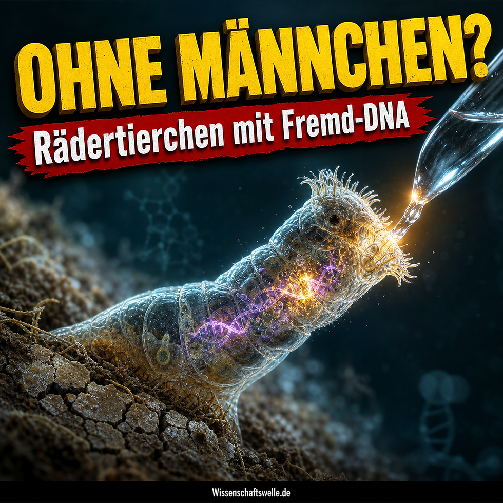 Transparentes bdelloides Rädertierchen in trockener Erde, das von einem Wassertropfen rehydriert wird, während im Körper leuchtende DNA-Stränge sichtbar werden.