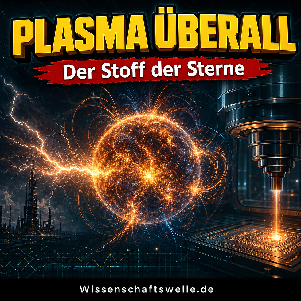 Quadratisches Cover mit einer leuchtenden Plasmakugel zwischen Blitz und Mikrochipszene, großer gelber Überschrift „PLASMA ÜBERALL“, rotem Banner „Der Stoff der Sterne“ und kleinem Footer-Branding „Wissenschaftswelle.de“.