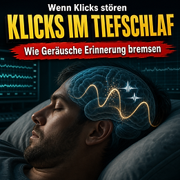 Wissenschaftswelle-Cover mit einem schlafenden Mann im Profil, sichtbaren langsamen Hirnwellen im Gehirn und kleinen Klickimpulsen, die diese Wellen im Tiefschlaf stören.