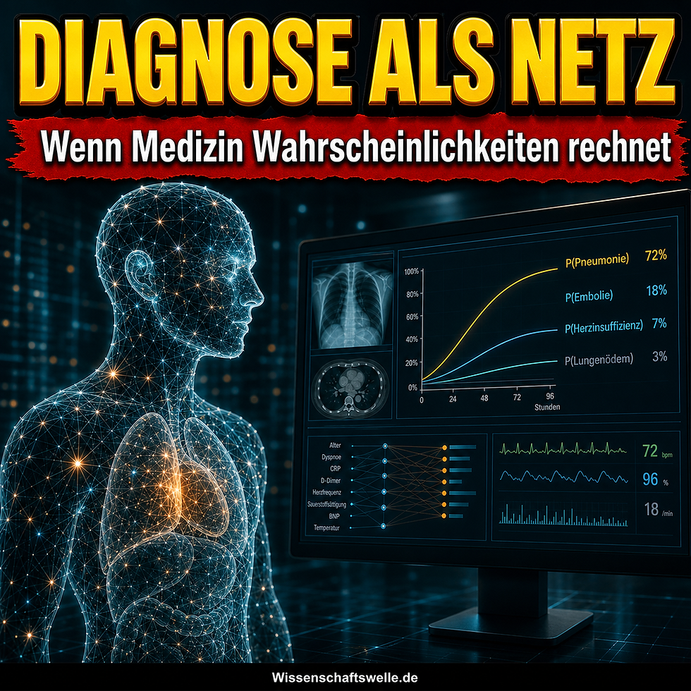 Leuchtendes medizinisches Profil aus Datenknoten und Verbindungslinien vor einem Diagnostikmonitor, darüber gelbe Titeltypografie zu bayesianischen Netzwerken in der Medizin.