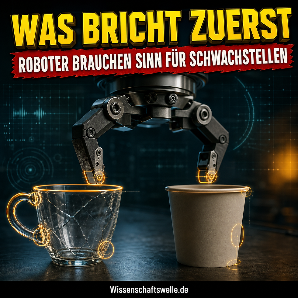 Ein futuristischer Roboterarm tastet behutsam ein fragiles Objekt ab, während leuchtende Markierungen empfindliche Kontaktzonen sichtbar machen.