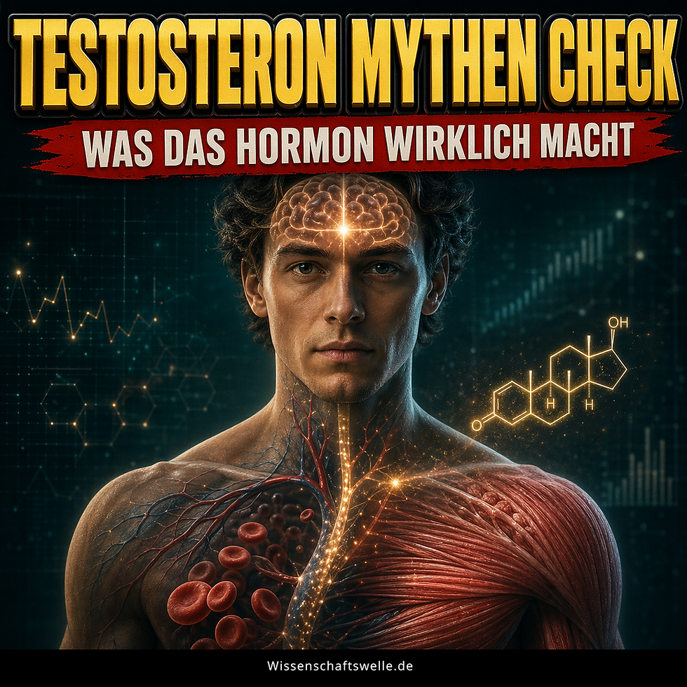 Porträt eines Mannes vor dunklem Datenhintergrund, mit leuchtendem Gehirn, sichtbaren Blutgefäßen und freigelegter Muskulatur als Symbol für die Wirkung von Testosteron auf Verhalten und Körper.