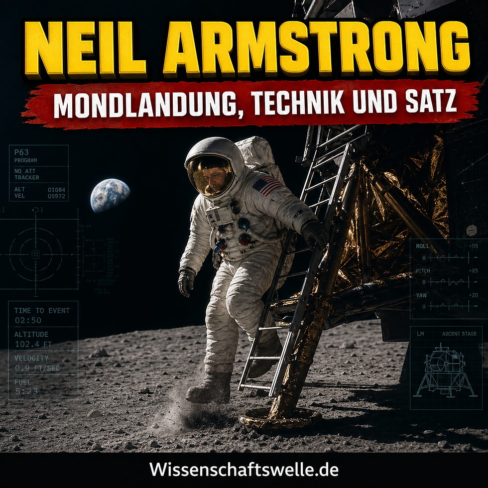 Quadratisches Cover mit Neil Armstrong im Apollo-11-Raumanzug beim Abstieg von der Mondlandefähre auf die Mondoberfläche, dazu die Überschrift „Neil Armstrong“ und der Banner „Mondlandung, Technik und Satz“.
