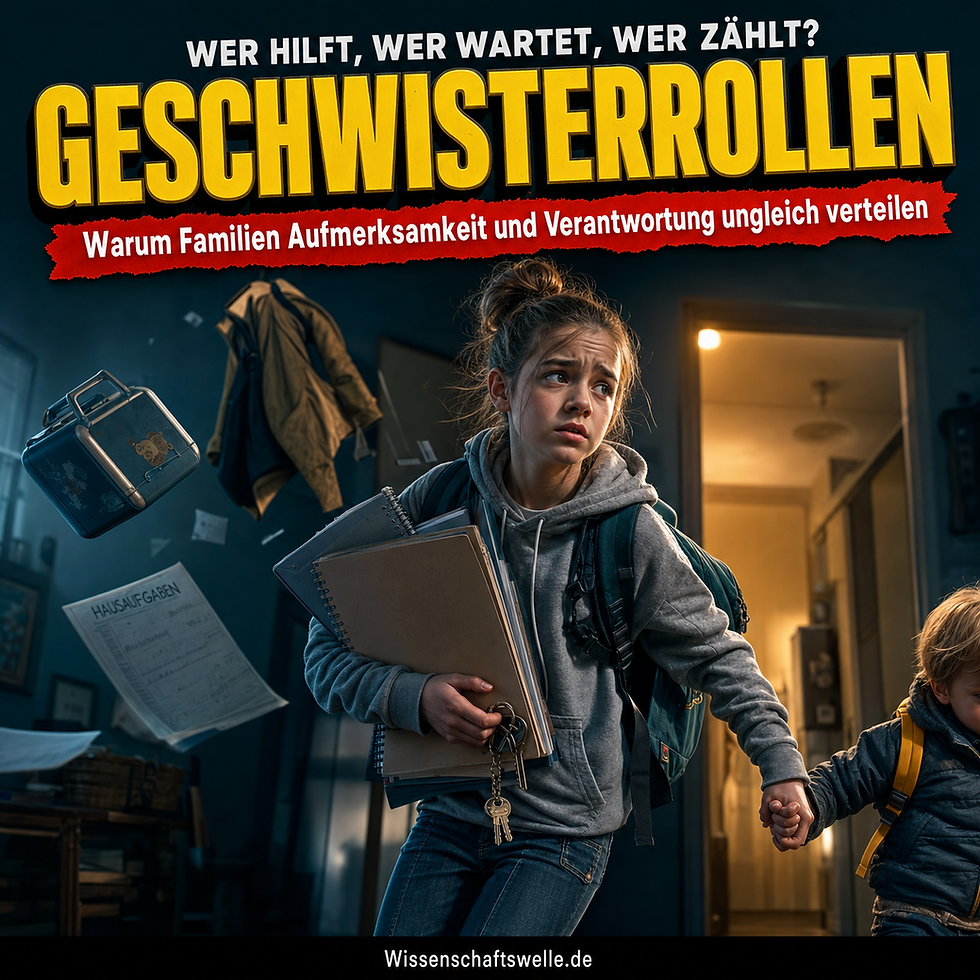 Älteres Kind mit Schulranzen, Heften und Haustürschlüsseln zieht ein jüngeres Geschwister durch einen dunklen Hausflur und trägt sichtbar Verantwortung.