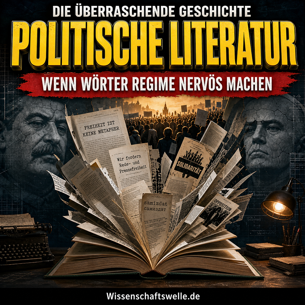 Quadratisches Cover mit der gelben Überschrift „Politische Literatur“, einem roten Banner „Wenn Wörter Regime nervös machen“ und einem aufgeschlagenen Buch, aus dessen Seiten Protestschriften und Samisdat-Blätter in eine Menschenmenge aufsteigen.