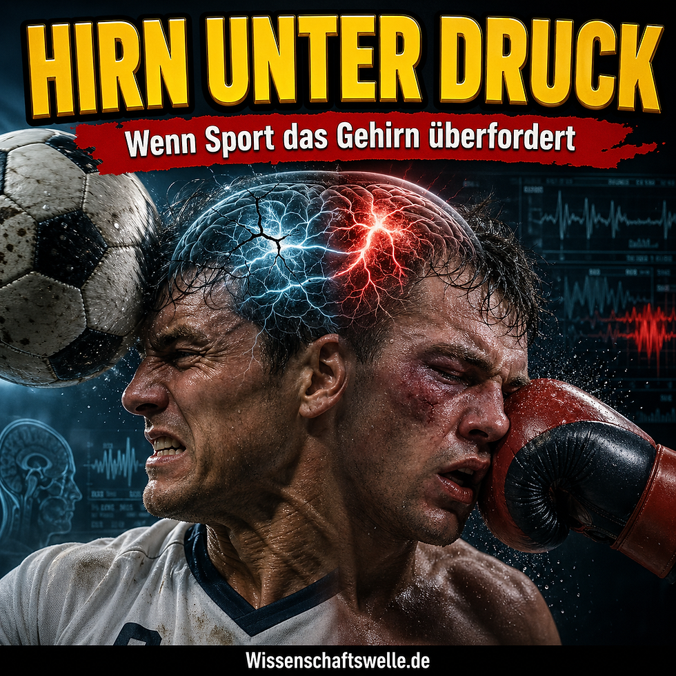 Dramatisches Titelbild mit einem Fußballspieler und einem Boxer unter einer leuchtenden Gehirnvisualisierung, die die Belastung durch Gehirnerschütterungen im Sport symbolisiert.