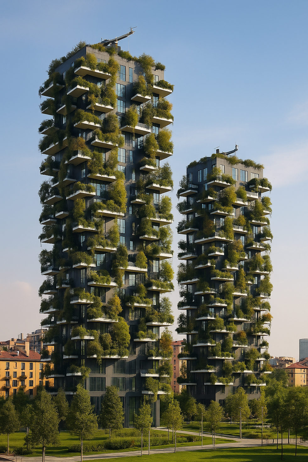 Fotorealistische Außenansicht des Bosco Verticale in Mailand: Zwei schlanke Wohntürme ragen vor blauem Himmel auf, dicht bewachsen mit hunderten Bäumen und tausenden Sträuchern auf auskragenden Balkonen. Die dunkle Glasfassade bildet einen starken Kontrast zum lebendigen Grün. Im Vordergrund ein gepflegter Park mit jungen Bäumen, im Hintergrund die warm getönten Häuser der Stadt – ein vertikaler Wald mitten im urbanen Raum.