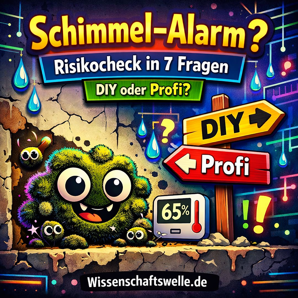 Eine cartoonhafte Schimmel-Figur mit großen runden Augen sitzt in einer rissigen, feuchten Wandecke; daneben zeigt ein Hygrometer „65%“. Oben steht groß „Schimmel-Alarm?“, darunter „Risikocheck in 7 Fragen“ und „DIY oder Profi?“, rechts weisen Schilder auf „DIY“ und „Profi“. Unten steht „Wissenschaftswelle.de“ auf einem dunklen Balken vor einem neonfarbenen, sci-fiartigen Hintergrund mit Tropfen und Warnsymbolen.