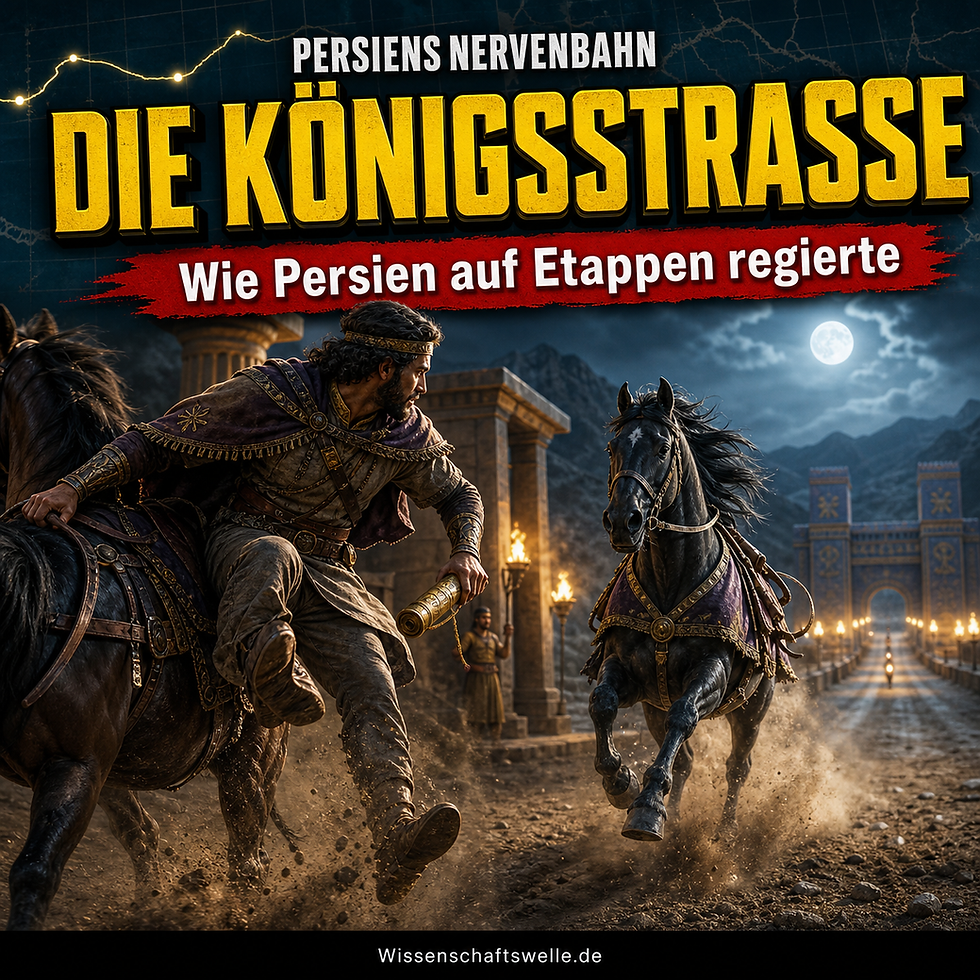 Ein persischer Kurier wechselt auf der Königsstraße im Staub sein Pferd, während hinter ihm eine beleuchtete Station und ein Tor des Achämenidenreiches aufragen.