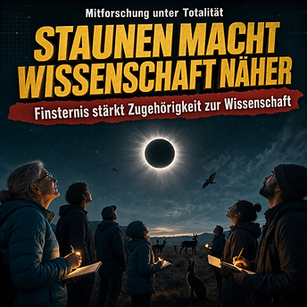 Wissenschaftswelle-Cover mit einer totalen Sonnenfinsternis über einer Gruppe von Bürgerforscherinnen und Bürgerforschern, die Notizen machen, während Tiere im Vordergrund auf die Dunkelheit reagieren.