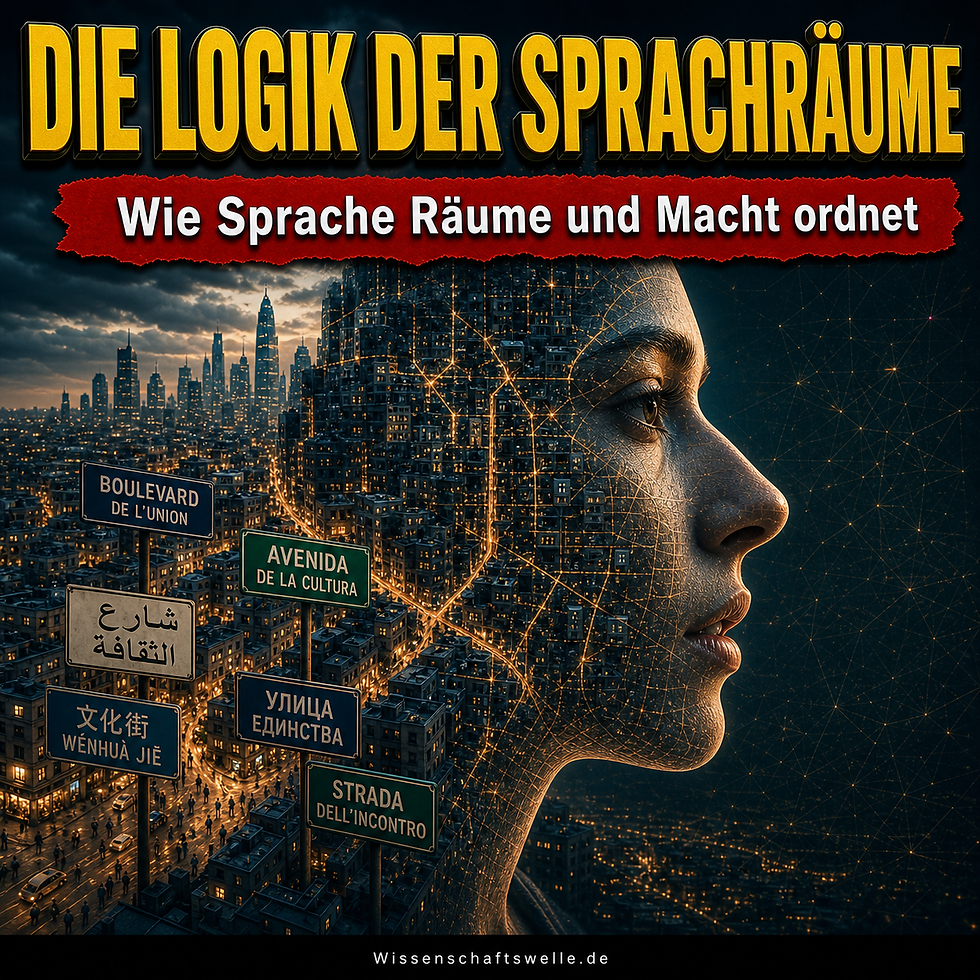 Profil eines Gesichts, das mit einem leuchtenden Stadtplan und mehrsprachigen Straßenschildern verschmilzt, als Symbol für Sprachräume, Identität und Macht.