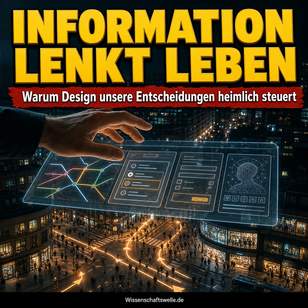 Quadratisches Cover mit großer gelber Überschrift „Information lenkt Leben“, rotem Banner „Warum Design unsere Entscheidungen heimlich steuert“, einer menschlichen Hand über einem leuchtenden Interface aus Karte, Formular und KI-Panel sowie einer nächtlichen Stadt mit gelenkten Fußwegen darunter.