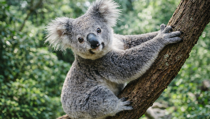 Ein grauer Koala sitzt entspannt auf einem schräg verlaufenden Baumstamm und blickt aufmerksam in die Kamera. Sein dichtes, weiches Fell und die großen, flauschigen Ohren sind deutlich sichtbar. Im Hintergrund erstreckt sich ein sonnendurchfluteter Eukalyptuswald mit unscharfen grünen Blättern, was dem Bild eine natürliche Tiefe und eine ruhige, authentische Atmosphäre verleiht.