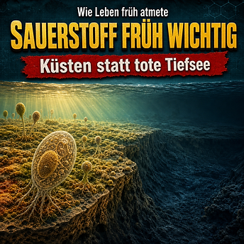 Wissenschaftswelle-Cover mit einem flachen, sonnenbeschienenen Urmeer, in dem frühe eukaryotische Mikroorganismen auf einem oxygenierten Küstenboden sitzen, während daneben ein dunkler, sauerstoffarmer tiefer Ozean abfällt.