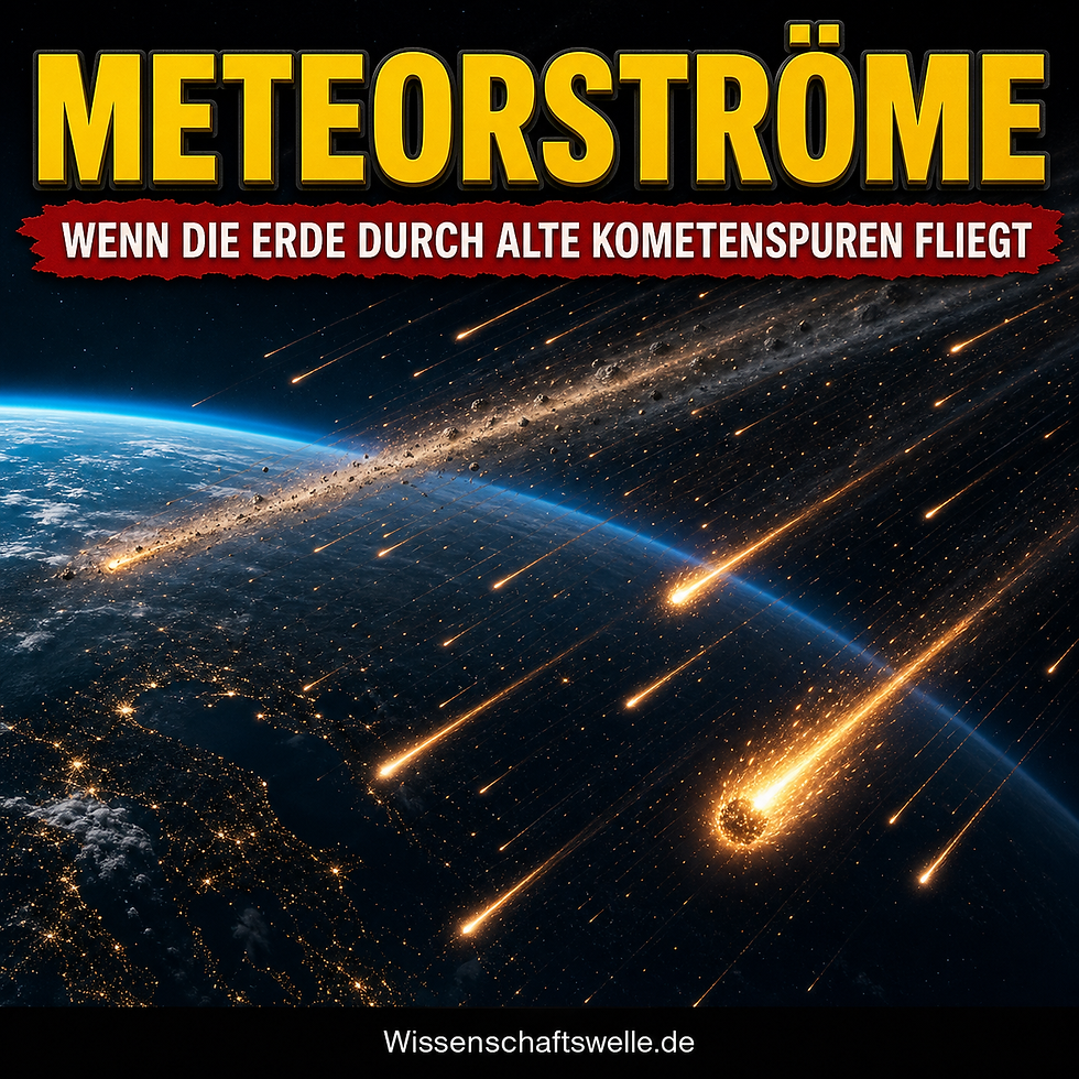 Die Erde aus dem Orbit, während zahlreiche helle Meteore aus einer dichten Staubspur in die Atmosphäre eintreten; darüber die gelbe Überschrift Meteorströme und ein rotes Banner mit dem Satz Wenn die Erde durch alte Kometenspuren fliegt.