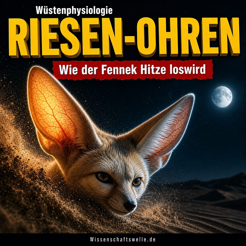 Ein Fennek taucht nachts aus aufgewirbeltem Wüstensand auf; seine übergroßen Ohren leuchten warm und stehen als zentrales Motiv vor dunklem Himmel und Mond.