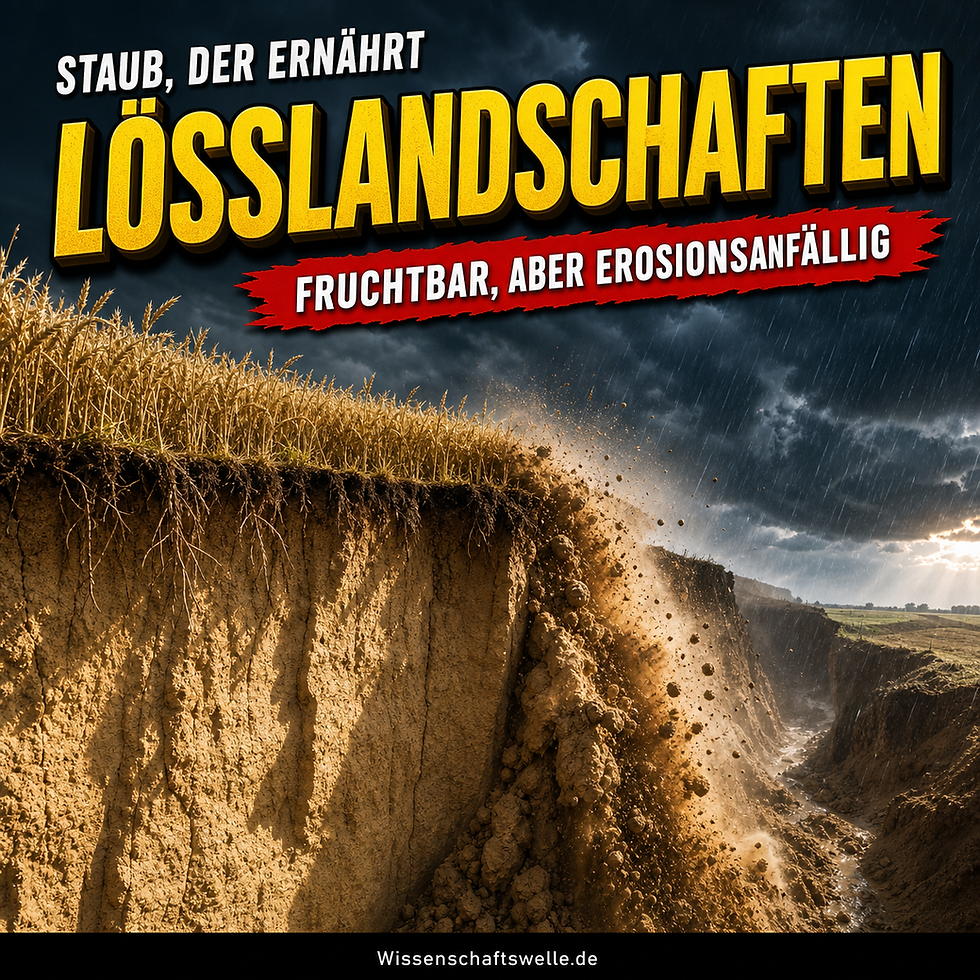 Hyperrealistisches Coverbild mit einer steilen Lösswand, goldenem Weizen am oberen Rand und einem unter Starkregen abbrechenden Erosionshang.