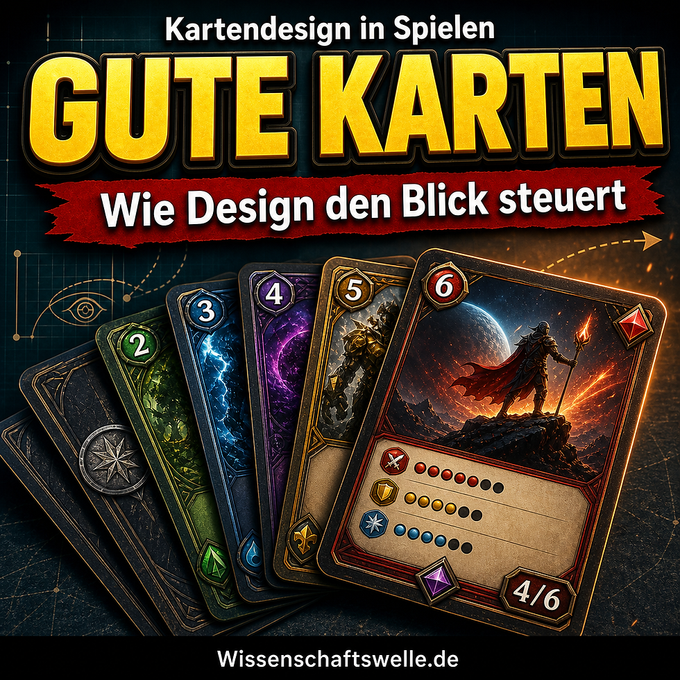 Quadratisches Cover mit einer fächerförmigen Reihe stilisierter Spielkarten auf dunklem Untergrund, darüber die gelbe Headline „GUTE KARTEN“, der Teaser „Kartendesign in Spielen“ und ein rotes Banner mit dem Text „Wie Design den Blick steuert“.