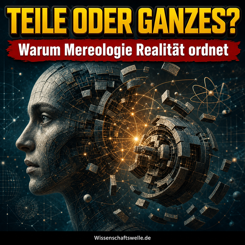 Quadratisches Cover mit der großen gelben Überschrift „TEILE ODER GANZES?“, rotem Banner „Warum Mereologie Realität ordnet“ und einem fotorealistischen Kopf aus Fragmenten, der mit einer leuchtenden, technisch-philosophischen Struktur aus Teilen und Verbindungen verschmilzt.