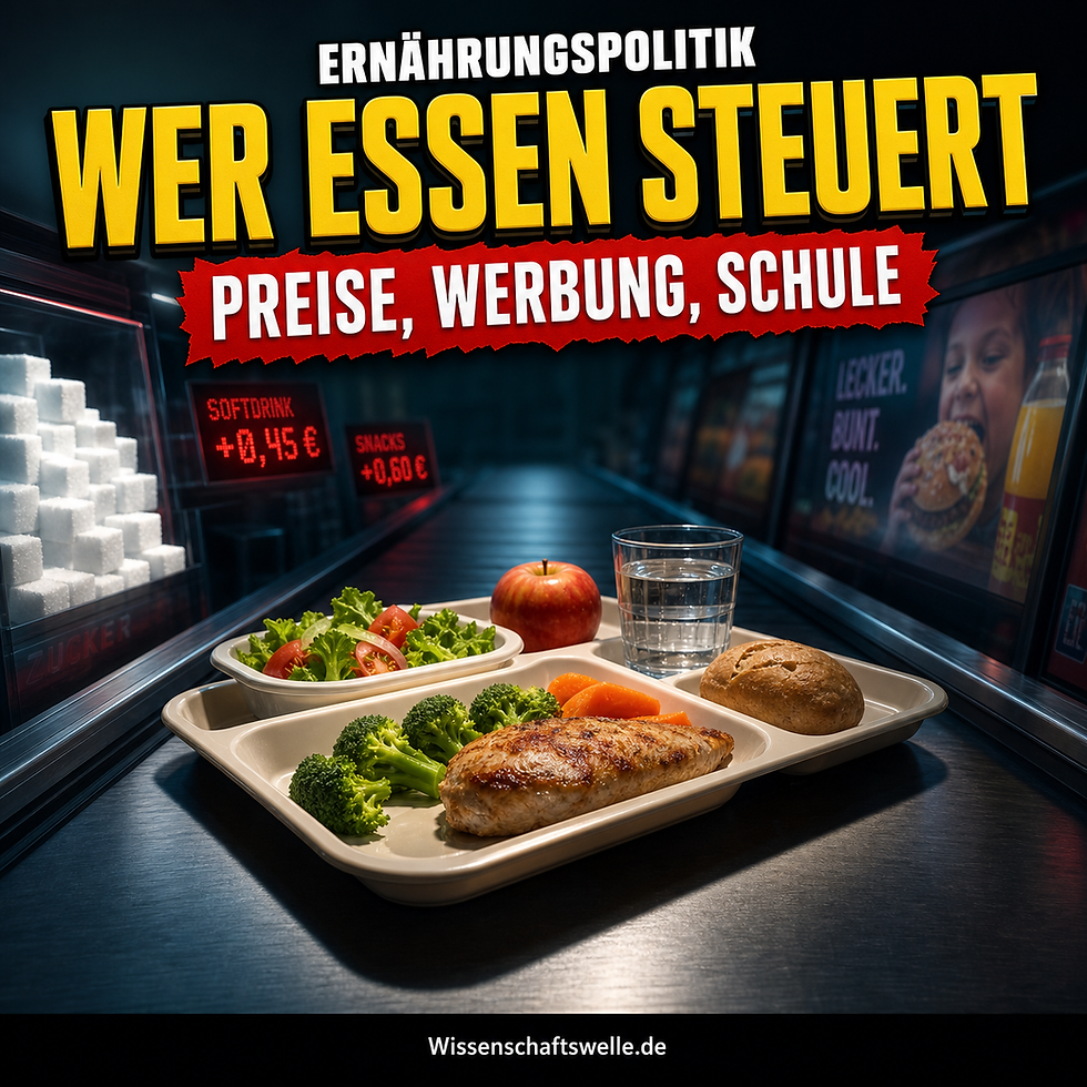 Ein Schulessen auf einem Tablett auf einem Supermarktband, flankiert von Zuckerwürfeln, Preisanzeigen und Werbeflächen; darüber die große Schlagzeile „Wer Essen steuert“.
