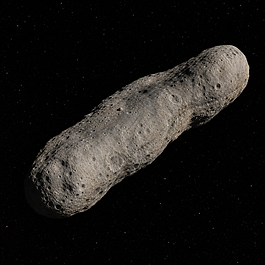 Fotorealistische Nahansicht des langgestreckten Asteroiden Eros mit steinigem beige-grauem S-Typ-Gelände, Kratern, Felsblöcken und scharfem Sonnenlicht vor schwarzem Weltraum.