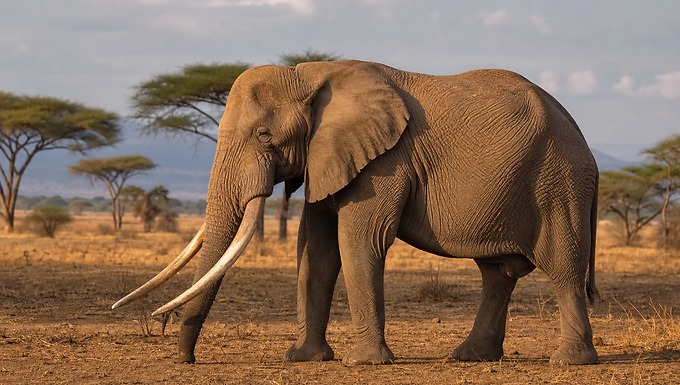 Afrikanischer Savannenelefant mit langen Stoßzähnen in der offenen Savanne