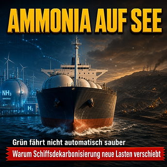 Wissenschaftswelle-Cover mit einem Frachtschiff zwischen blau leuchtender Ammoniak-Infrastruktur und dunkler Rohstofflandschaft als Symbol für Lebenszyklusfolgen der Schifffahrtsdekarbonisierung.