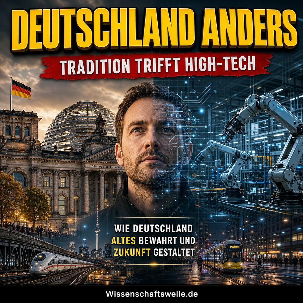 Eine dramatisch beleuchtete Collage aus Reichstagskuppel, Industrieanlagen, Mikrochip-Strukturen und urbanem Straßenleben als Bild für Deutschlands Spannungsfeld zwischen Tradition und High-Tech.