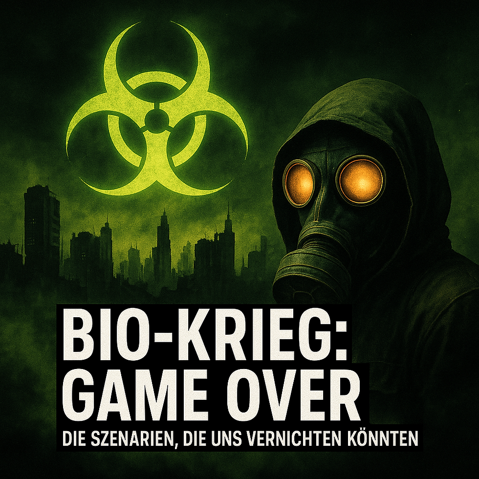 Das Bild zeigt eine dystopische Stadtsilhouette im grünen Giftnebel. Im Vordergrund steht eine Person in schwarzer Schutzkleidung und Gasmaske mit orange leuchtenden Augen. Über der Szene schwebt das Biohazard-Symbol, was auf eine biologische Bedrohung hinweist.