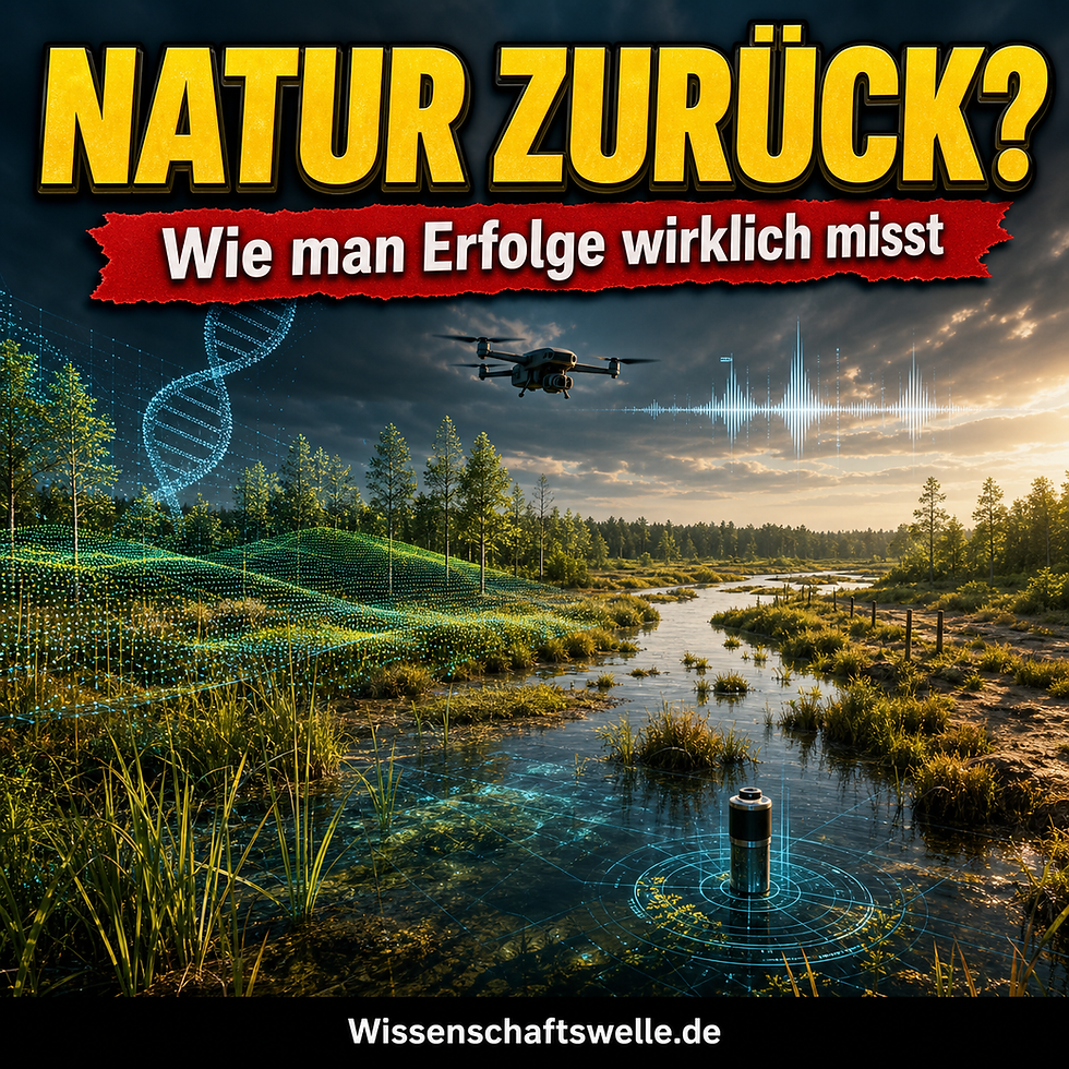 Quadratisches Wissenschaftswelle-Cover mit einer renaturierten Fluss- und Moorlandschaft im Abendlicht, einer Drohne über dem Wasser, einer eingeblendeten DNA-Helix und akustischen Messwellen sowie der gelben Headline „Natur zurück?“ und dem roten Banner „Wie man Erfolge wirklich misst“.