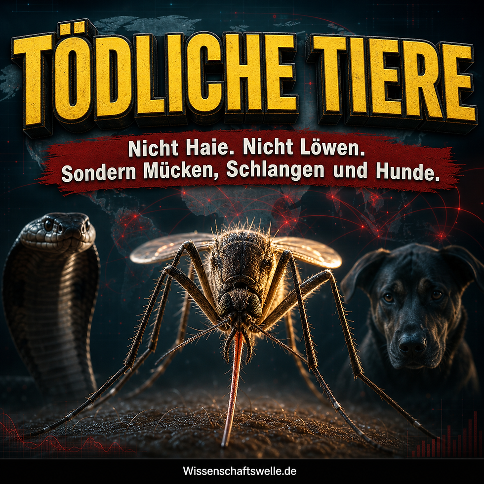 Eine große Mücke im Vordergrund, flankiert von einer Kobra und einem Hund vor einer dunklen Weltkarte mit roten Verbindungslinien; darüber die Schlagzeile über die tödlichsten Tiere der Erde.