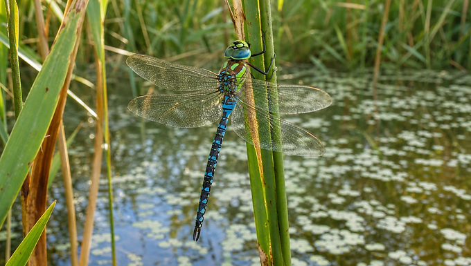 Blaugrüne Mosaikjungfer mit ausgebreiteten Flügeln an einem Schilfhalm am Teich