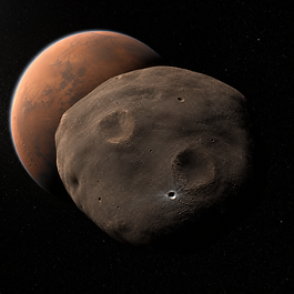 Fotorealistische Nahansicht des kleinen, unregelmäßigen Marsmonds Deimos mit dunkler, staubig geglätteter und nur von sanften Kratern unterbrochener Oberfläche vor Mars und schwarzem Weltraum.