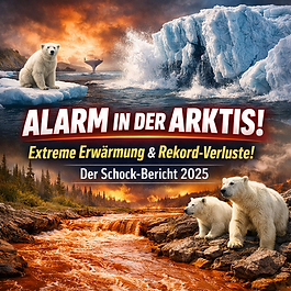 Dramatische Collage zur Arktis-Erwärmung: schmelzender Gletscher und Eisbär auf treibender Eisscholle, aufgewühltes Meer, rostrot verfärbter Fluss in brennender Landschaft. Großes Warn-Headline im Bild: „Alarm in der Arktis – Extreme Erwärmung & Rekord-Verluste. Der Schock-Bericht 2025“.