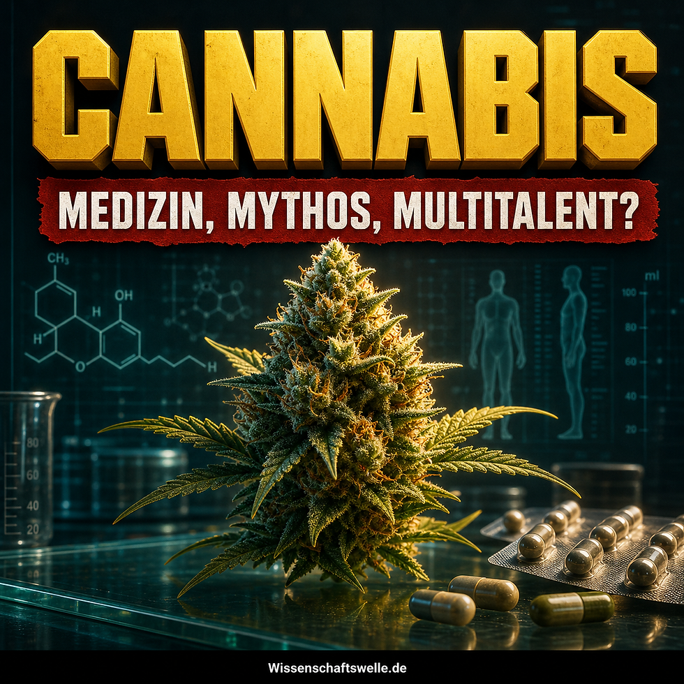 Quadratisches Wissenschaftswelle-Cover mit einer leuchtenden Cannabisblüte im Laborlicht zwischen Pillenkapseln, medizinischen Diagrammen und dunklem Hintergrund; oben die gelbe Überschrift „Cannabis“, darunter ein roter Banner mit „Medizin, Mythos, Multitalent?“.