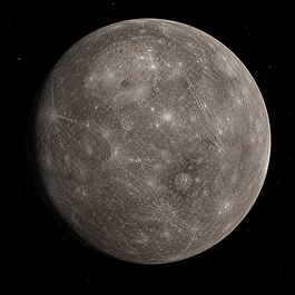 Fotorealistische Ansicht des Planeten Merkur als graubraune, stark verkraterte Kugel mit hellen Strahlenspuren und scharfem Sonnenlicht vor schwarzem Weltraum.